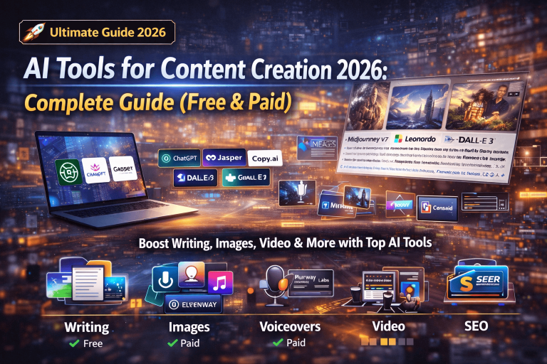 AI Tools for Content Creation 2026 - Complete guide to best writing, image, voiceover and video tools with free and paid options