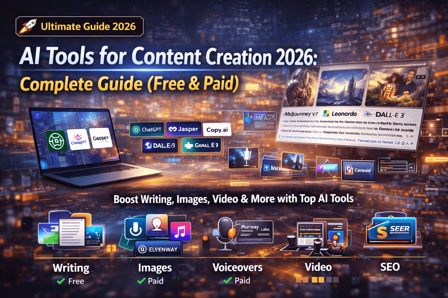 AI Tools for Content Creation 2026 - Complete guide to best writing, image, voiceover and video tools with free and paid options