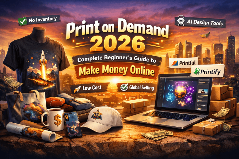 Print on Demand 2026 complete beginner's guide - how to start a print on demand business, best platforms like Printful and Printify, and create winning designs with AI tools