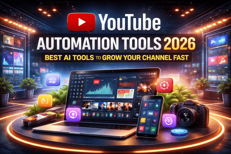 YouTube Automation Tools 2026 - best AI tools to grow your YouTube channel fast including vidIQ, TubeBuddy, Canva AI, Runway ML, CapCut, and ElevenLabs for video editing, thumbnails, SEO, and voiceover